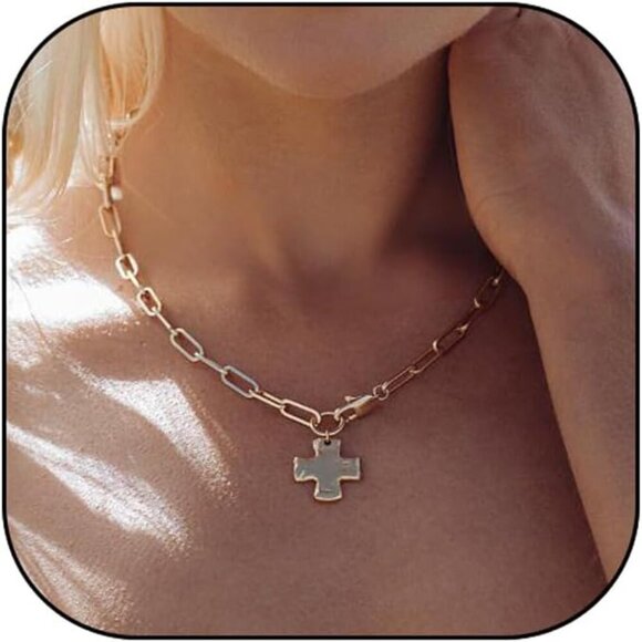 Jewelry - Chunky Cross Necklace Women Brass 18in Gold-Plated Geometric Pendant